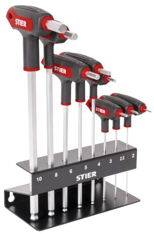 STIER T-Griff-Schraubendreher-Satz 6kt, 2-10mm, 8-teilig, aus hochwertigem Chrom-Vanadium-Stahl, mit Metall-Halter, Schraubendreher-set mit optimaler Kraftübertragung