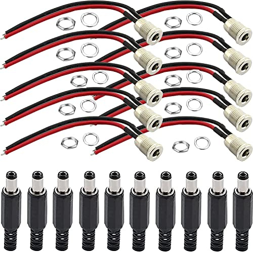 RUNCCI-YUN DC Mount Adapter Set, 10x DC-Hohlstecker mit Lötanschluss, 5,5 mm x 2,1 mm 10X DC-Stecker（Mit Kabel） für Audio/Video/Handy/Überwachungskameras