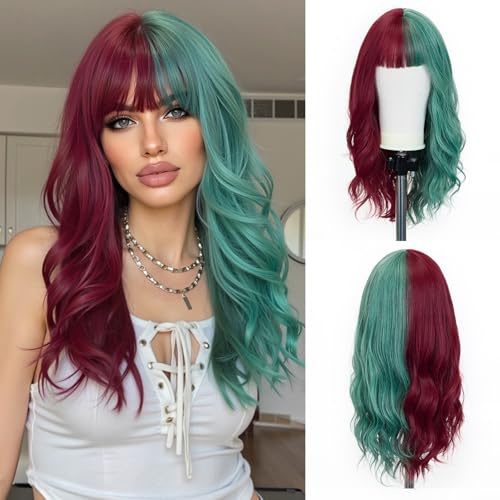 Esmee Peluca para mujer, peluca sintética de fibra resistente al calor color Rojo/Verde, ondas largas son naturalmente adecuadas para juegos de rol, fiestas, fiestas y diario- 22 pulgadas