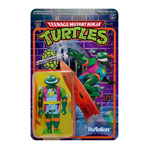 Super 7 Teenage Mutant Ninja Turtles Sewer Surfer Michelangelo, 9,5 cm TMNT Actionfigur mit Zubehör, klassischen Cartoon-Sammlerstücken und Retro-Spielzeug