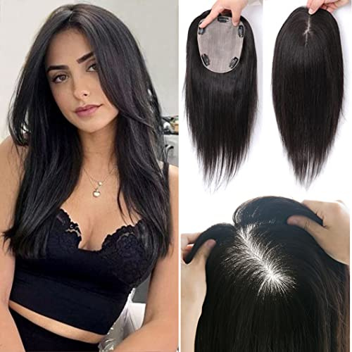 Eree Hair 35,5 cm (14 tum), mänskligt hår, 12,7 x 15,2 cm (5 x 6 tum), silkesbas, hårdel, rak topp, klämma, klämma, hårförlängning, hårdel för kvinnor med tunnande hår, mörkbrun färg