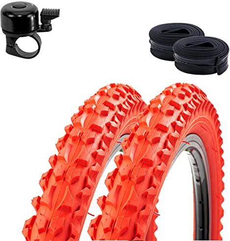 2 x Roverstone 26 Fahrradreifen Fahrradmantel rot 57-559 (26x2,125) + 2 Schläuche AV inkl. Fahrradklingel
