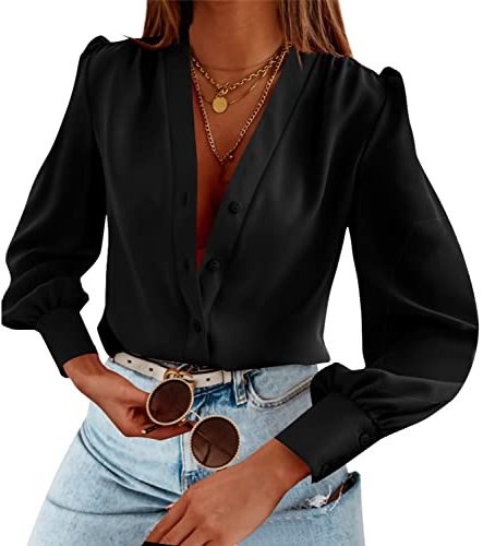 Women's Business Casual Tops Summer Long Sleeve Button Down Shirts V Neck Chiffon Blouses A-Black