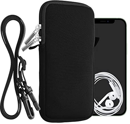 kwmobile Custodia in Neoprene con Zip per Smartphone - Portacellulare a Tracolla - Porta Cellulare da Collo Universale - Borsa Cover Telefono nero
