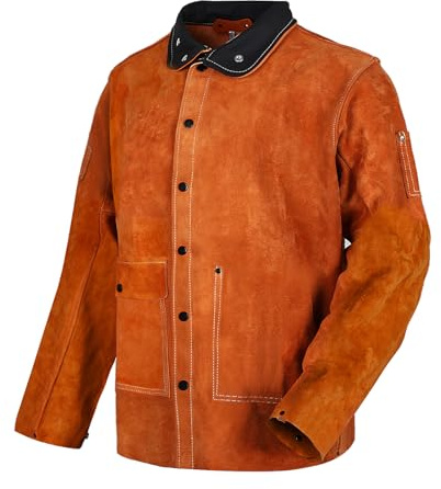 QeeLink Chaqueta de soldadura de cuero, resistente al fuego, chaquetas de soldador de trabajo resistente, abrigo de soldadura de cuero vacuno dividido para hombres y mujeres, Marrón, 5X-Large