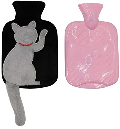 VIONNPPT Süße Katze Heiße Wasserflasche mit Plüsch-Abdeckung, 1L Groß Wasserbeutel mit Bezug, Geschenke für Kinder und Erwachsene, Wärmeflaschen für Bauch Rücken Nacken (Schwarz)