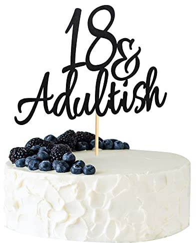 Arthsdite 18 & Adult-ish Cake Topper, 18 and Adultish Cake Pick, Time to Adult/Eighteen Birthday Cake Decor, Happy 18th Birthday Party Decoration Supplies - Black Glitter