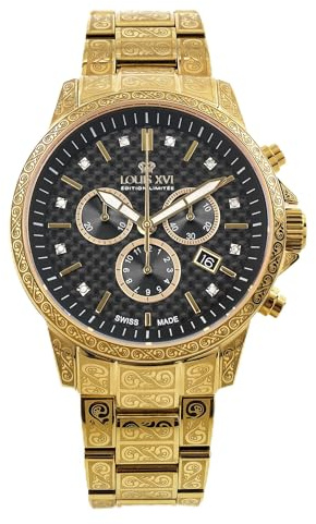 LOUIS XVI Palais Royale - Diameter 43 mm - Men's Watch - Waterproof - Watch with Sapphire Glass - Gold/Silver/Black - Black Dial - Swiss Quartz Movement, Gold carbon, Bracelet