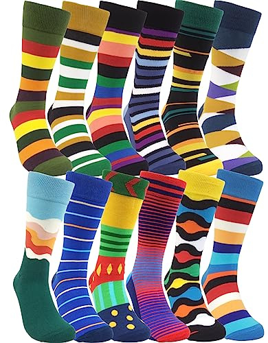 HSELL Mens Funny Colorful Striped Dress Socks Crazy Fancy Design Cotton Socks Novelty Gifts for Men (12 Pairs - Colorful Striped Assorted)