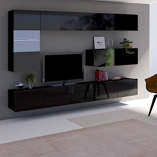 Lomadox Wohnwand Anbauwand schwarz Hochglanz 6-teilig Modern, mit 2 TV-Lowboards, 1 Hängevitrine, 3 Hängeschränke