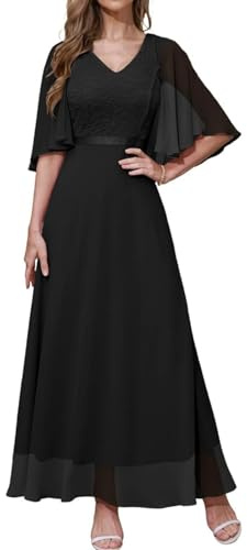Dresstells Balklänning dam, lång aftonklänning, elegant, för bröllop, med korta ärmar, svart, 3XL
