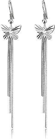 Josfeva Ohrringe Silber Hängend, 925 Sterling Silber Lange Quaste Damen Ohrringe, Hypoallergen Tropfen Baumeln Schlangenkette Haken Ohrringe, Lange Ohrhänger Ohrringe mit Libellen/Rechteck Zirkonia