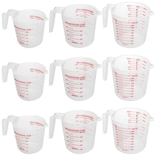 YUENPUN Messbecher aus Kunststoff, 9 Stück, Transparent, 1 l, 500 ml, 250 ml, für Kochen, Backen, Messbecher, mit Griff, langlebig und robust