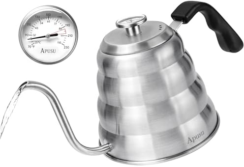 Gooseneck Kettle for Manual Drip Coffee & Tea 40oz Stainless Steel Pour Over Coffee Kettle with Thermometer Tea Kettle for Stovetop,1200ml,6 Cup,Silver,1Pack