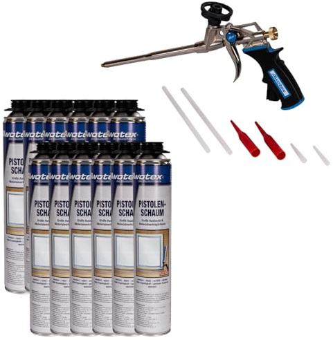 AWOTEX Profi-Schaumpistole & 12 x Pistolenschaum B2 750 ml 1-K I robuste Bauschaum-Pistole mit gummiertem Handgriff I PU-Schaumpistole mit Abzugssicherung I Bauschaum Dämmschaum ohne FCKW & HFCKW