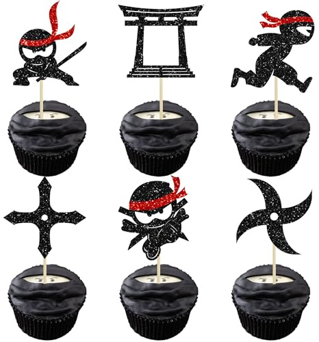 Gyufise Ninja-Cupcake-Aufsätze, Glitzer, Kampfsport, Karate, Kung-Fu-Krieger, Cupcake-Picks für Ninja-Thema, Babyparty, Kindergeburtstag, Party, Kuchendekoration, Zubehör, 24 Stück