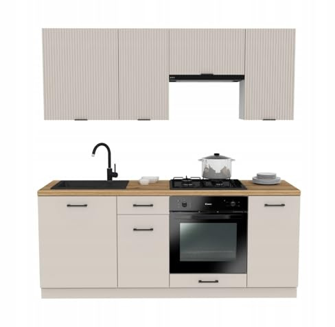 Laclar Küchenzeile 200 cm - Modulare Möbel für die Küche - inklusive Montagezubehör - mit Soft-Close-System - ohne Spülbecken Geräte - Mix Kaschmir - Küchenarbeitsplatte District Dark