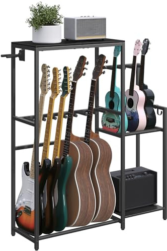 MAHANCRIS Guitar Stand, Multi-Guitar Rack, for Acoustic, Electric Guitar, Bass, Ukulele, Banjo, for 7 Guitars, Guitar AMP Stand, Record Rack, with Guitar Accessory Holder, EVA Cover, for Home Studio, Black GSHB8701