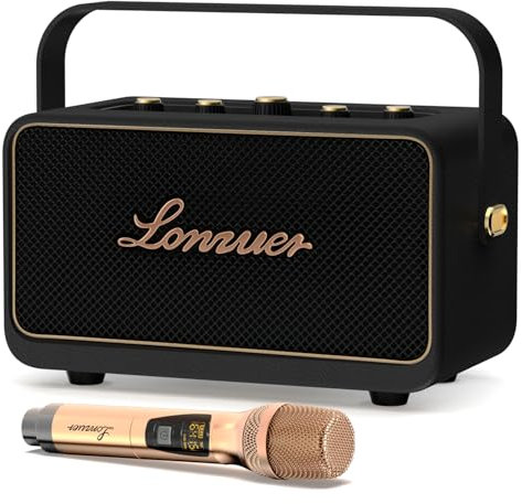 Altoparlante portatile per karaoke, altoparlante Bluetooth retrò in legno da 80W con microfono, batteria da 10000mAh, tempo di riproduzione 10 ore, BT, AUX, USB, TWS, adatto per feste e viaggi (Nero)