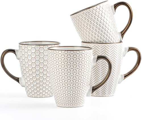 Anmula Juego de 4 tazas de café de cerámica con relieve de 16 oz para café con leche, té, capuchino, cacao y moca. Aptas para microondas y lavavajillas, Color blanco