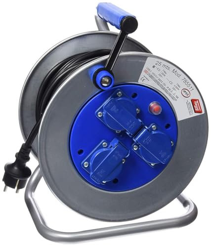 Enrollador extensible 25m 3T con tapas, cable 3x2,5mm, IP55; ideal para exteriores y herramientas eléctricas.