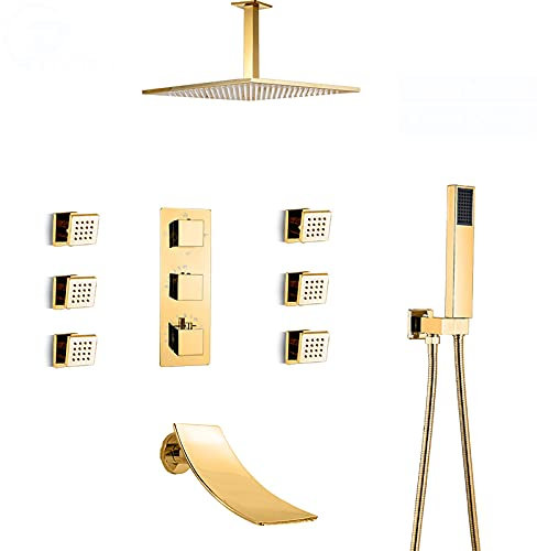 Pommeau de douche thermostatique à effet pluie - Ensemble de douche doré - Robinet de douche monté au plafond avec pommeau de douche, douchette à main, robinet de baignoire cascade, jets de corps,