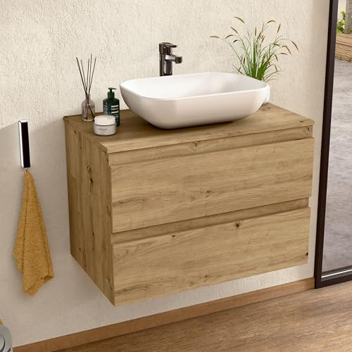 BELLOBATH - Mueble Baño Suspendido con Lavabo de Cerámica, Mueble Baño con Lavabo Montado con 2 Cajones, 100 x 55 x 46 cm, Mueble Roble