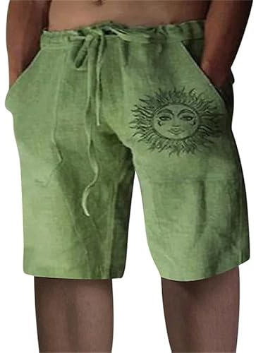 Litthing Mens Linen Shorts with Elastic Waist and Pockets Summer Casual Cotton Short Sports Joggers Loose Fit Drawstring Lightweight Bottoms Green
