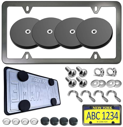 BGGTMO Magnetische Nummernschildhalterungen, starke Neodym-Magnethalterung mit Gummibeschichtung, mit schwarzen Aluminiumrahmenschrauben für Metall-Stoßstangen, 4 Stück