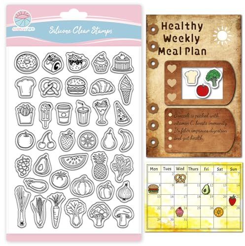 GLOBLELAND Transparenter Stempel Mit Lebensmittelsymbolen Für Scrapbooking Dessert Gemüse Silikonstempel Fast Food Transparenter Stempel Für Kartengestaltung DIY Prägung Journaling
