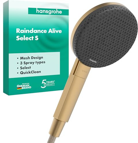 hansgrohe Raindance Alive Select S - ducha de mano, alcachofa de ducha con 3 tipos de chorro (PowderRain), cabezal de ducha redondo (125 mm), con sistema antical, bronce cepillado, 24500140