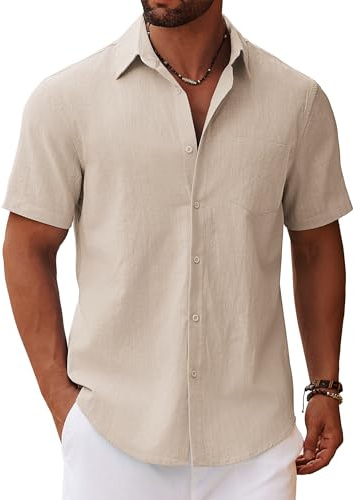 COOFANDY Camicia da Uomo a Maniche Corte Camicia Estiva in Lino Camicie in Cotone con Taschino Camicie a Maniche Corte da Spiaggia Casual Vacanze Cachi Chiaro 3XL