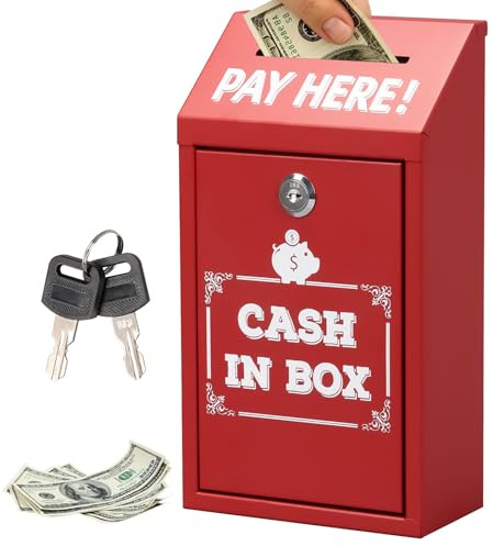 Metal Donation Box, 14.5 * 7.5 * 26CM Mounted Collection Box with Key Lock Suggestion Box Mailbox Cash Drop Box Secure Ticket Storage Container for Voting Tips Jar for Home Office Business (Red)