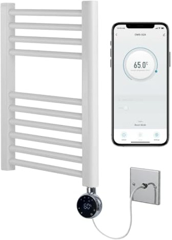Greened House White Electric Smart WiFi - Toallero con calefacción, 500 mm de ancho x 600 mm de alto, temporizador programable de 7 días, compatibilidad con aplicación (riel blanco + elemento WiFi