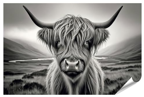 islandburner XXL Bild Poster Highland Rind in Berglandschaft Schwarz Weiß Fotografie Premium Bilder Fotodruck