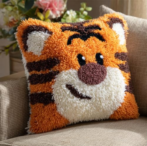 Taxpy 43X43Cm Diy Knüpfkissen Zum Selber Knüpfen Knüpfhaken-Set Cartoon-Tiger Süße Tiere，3D-Kissen，Materialien，Paketbezug，Knüpfhaken-Set，Kissen-Stickset，Bastel- Und Heimdekoration