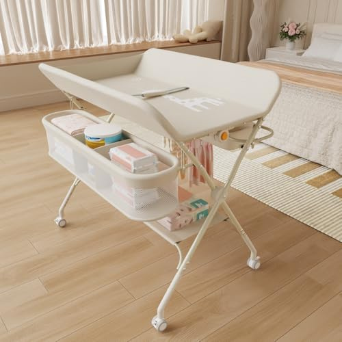 Table à langer avec roulettes, Pliable, Réglable en Hauteur, Jusqu'à 25 kg, panier de rangement à suspendre pour nouveau-né, 75 * 68 * 83-91cm (A) Blanc crème