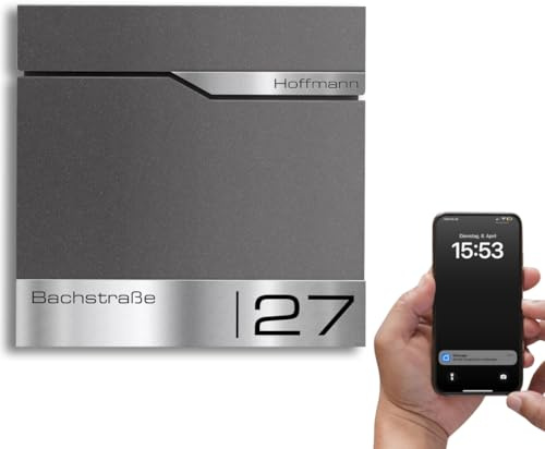 Metzler Briefkasten mit App-Benachrichtigung und Zeitungsfach Eisenglimmer DB 703 pulverbeschichtet personalisierbares Edelstahlnamensschild wetterfest rostfrei Wandmontage Postfach Hausnummer Gravur