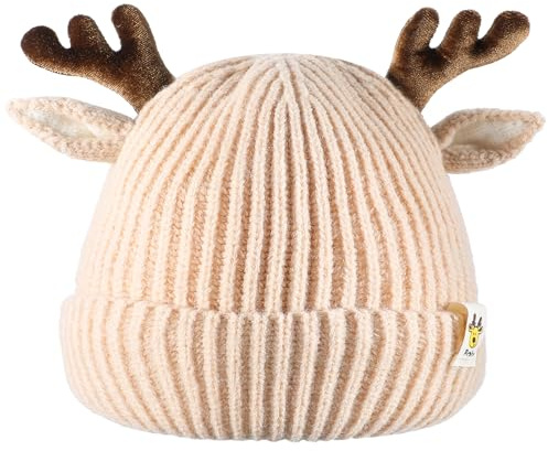 COMNICO Winter Hat for Kids, Antlers Reindeer Crochet Knitted Baby Beanie Hat Christmas Hat Warmer Cap for Baby Toddler Girl Khaki
