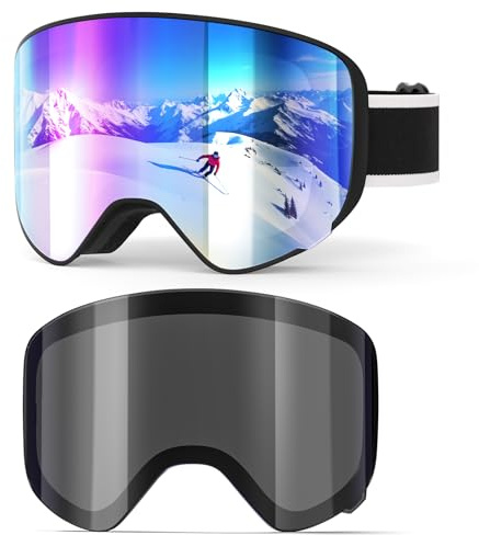 EasYoung Occhiali da sci con 2 lenti, occhiali da snowboard per bambini, ragazzi e ragazze, occhiali da sci con lente magnetica, protezione UV, anti-appannamento, casco compatibile per sci