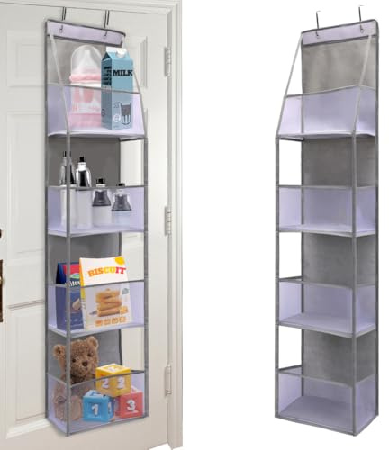 MOFASVIGI Over the Door Storage, 4 Shelf Clear Window Hanging Organiser Load Behind Door for Dorm, Pantry, Nursery, Bathroom, Bedroom, Kitchen, Grey