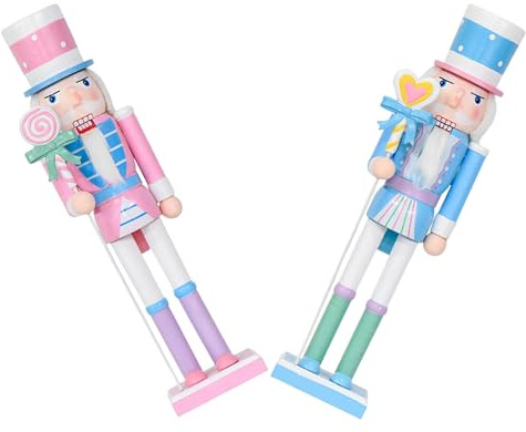 DECHOUS Statuine Schiaccianoci in Legno Pastello Set 2 Pezzi Decorazioni Natalizie da Tavolo e Centrotavola per Feste Pupazzi Schiaccianoci Tradizionali Color Caramella