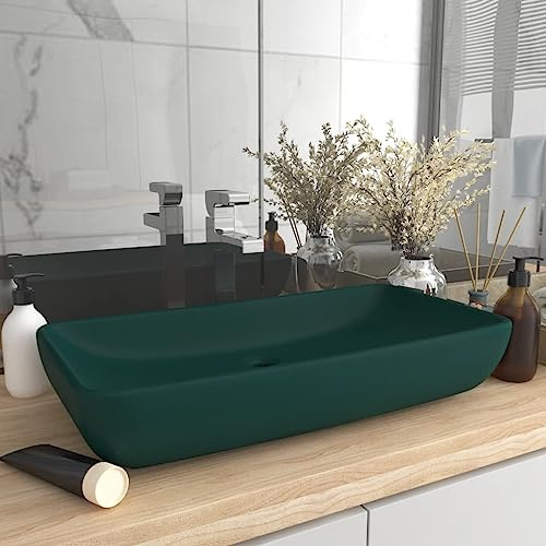 Mokuyary Lavabo da appoggio, in ceramica, rettangolare, opaco, 71 x 38 cm, in ceramica, colore verde scuro