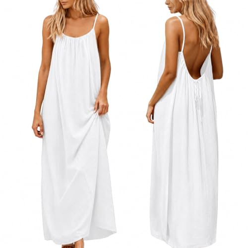 nnOuOnn Abito Senza Spalline in Stile Cami per Donne, Estivo 2026, Senza Maniche, Lungo, Maxi, Casual, Prendisole, Abiti da Spiaggia per Casa Vacanze, Colore Solido, bianco, L