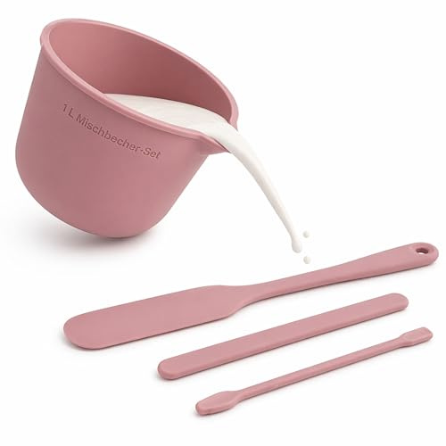 Silikon Messbecher 1L Set zum Gießen für Resin & Epoxidharz, KERANO | Ausgehärtetes Harz und Gips lösen sich rückstandslos, Becher immer wieder nutzbar. 4-teiliges Set mit Tülle, Spatel, Rührstab