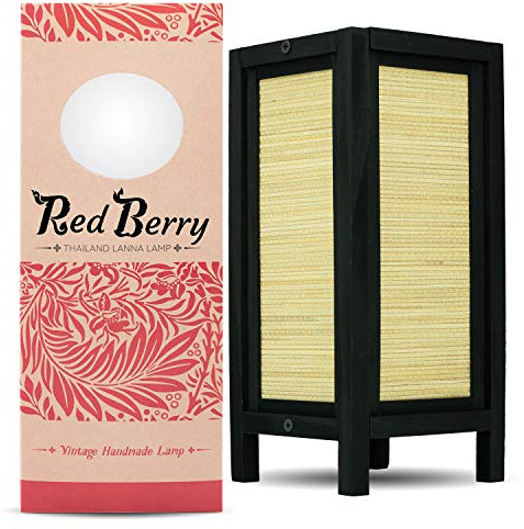 RED BERRY THAILAND LANNA LAMP - Vintage Handmade Asian Bamboo, Decorative Square Chinese for Bedroom Nightstand, Japanese Table Japanese Lamp Classic Bamboo ArtG8RS