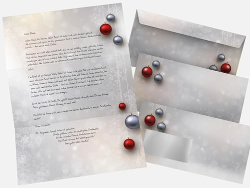Weihnachtsbriefpapier Set | Weihnachtskugeln Rot und Silber | 50 Blatt Motivpapier A4 | 50 Briefumschläge OHNE FENSTER im DIN LANG-Format | Briefpapier Set