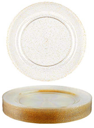 Matana - 25 Piatti da Dessert in Plastica Rigida Trasparente con Glitter Dorati, 19cm - Eleganti, Resistenti e Riutilizzabili - Piattini per Matrimoni, Compleanni, Natale, Barbecue, Feste