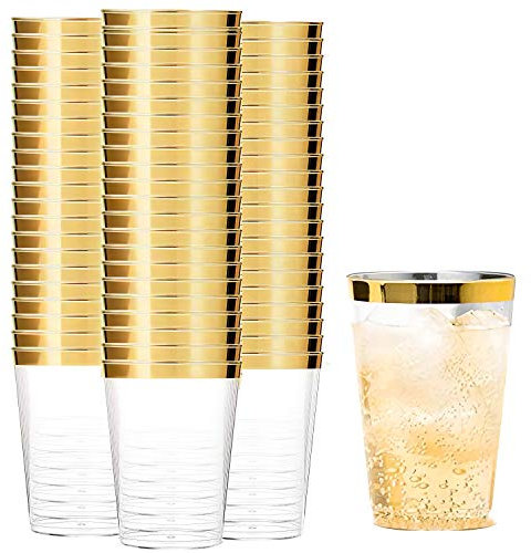 Tebery 100 Pack 12oz Gold Rimmed Plastic Cups, Clear Crystal Plastic Tumblers, Reusable Shot Glasses, Elegant Party Cups