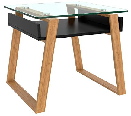 bonVIVO - tavolino moderno per soggiorno, design con lastra di vetro e struttura in legno, puntini neri angolare